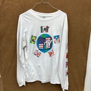 MTV White Long Sleeve Tee with Multicolor Flag Graphics